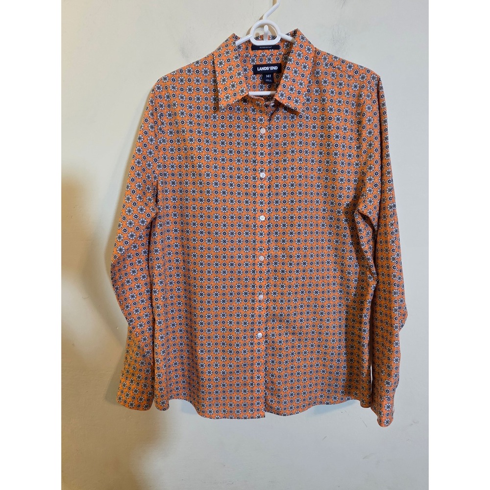 Lands' End Orange‎ Floral Medallion No Iron Supima Cotton Shirt 14T 484703